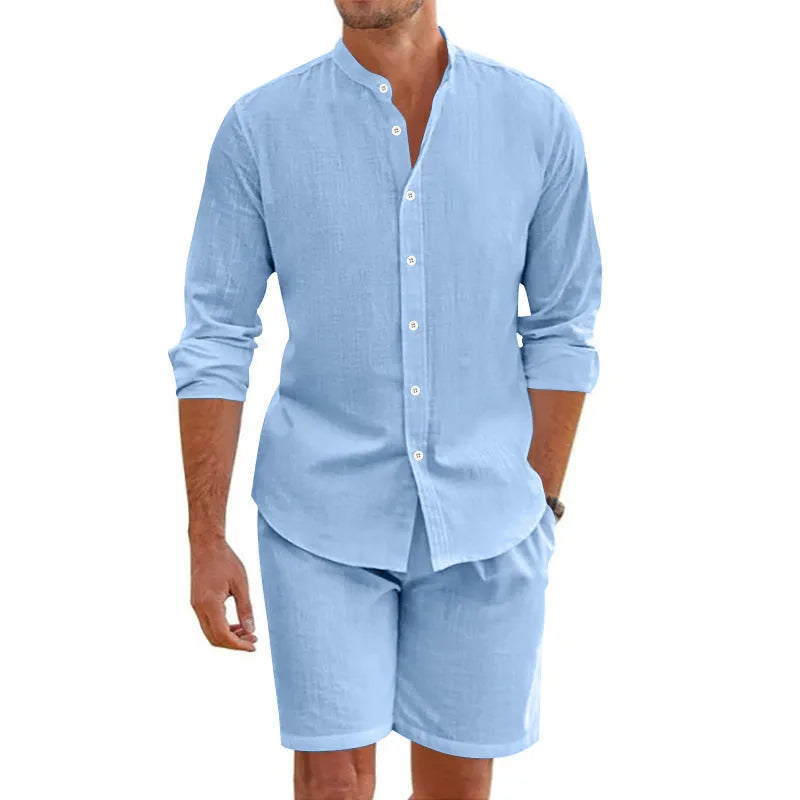 Men's linen blend summer set with lapel shirt and drawstring shorts in multiple colour options