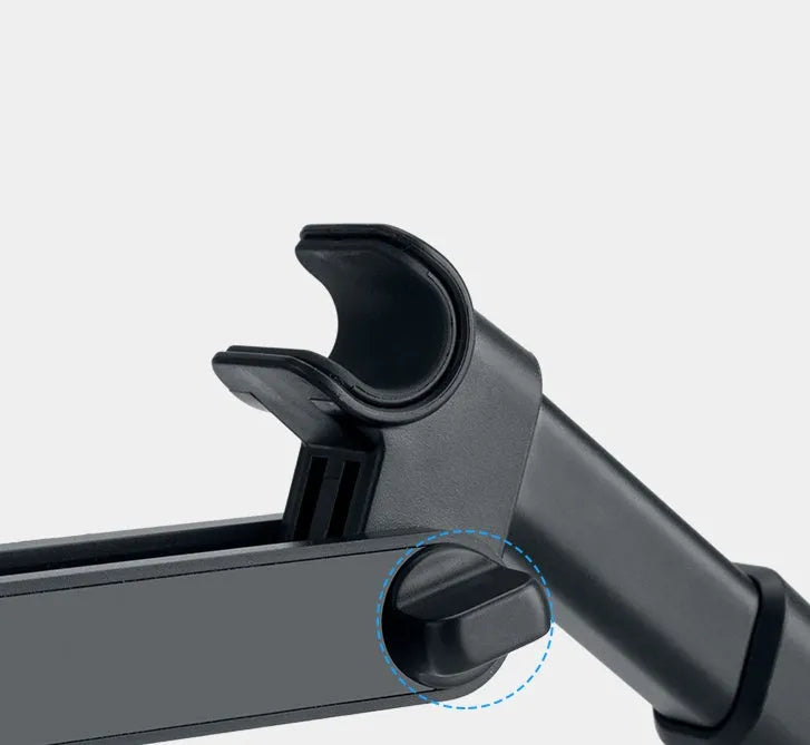 Black universal car phone and tablet holder mounted on a car rear seat base.
