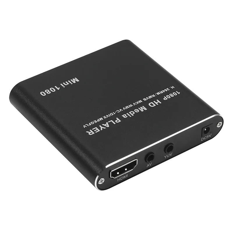 Compact blue and black all-metal 1080P Full HD media player with HDMI port for SD cards and USB drives.