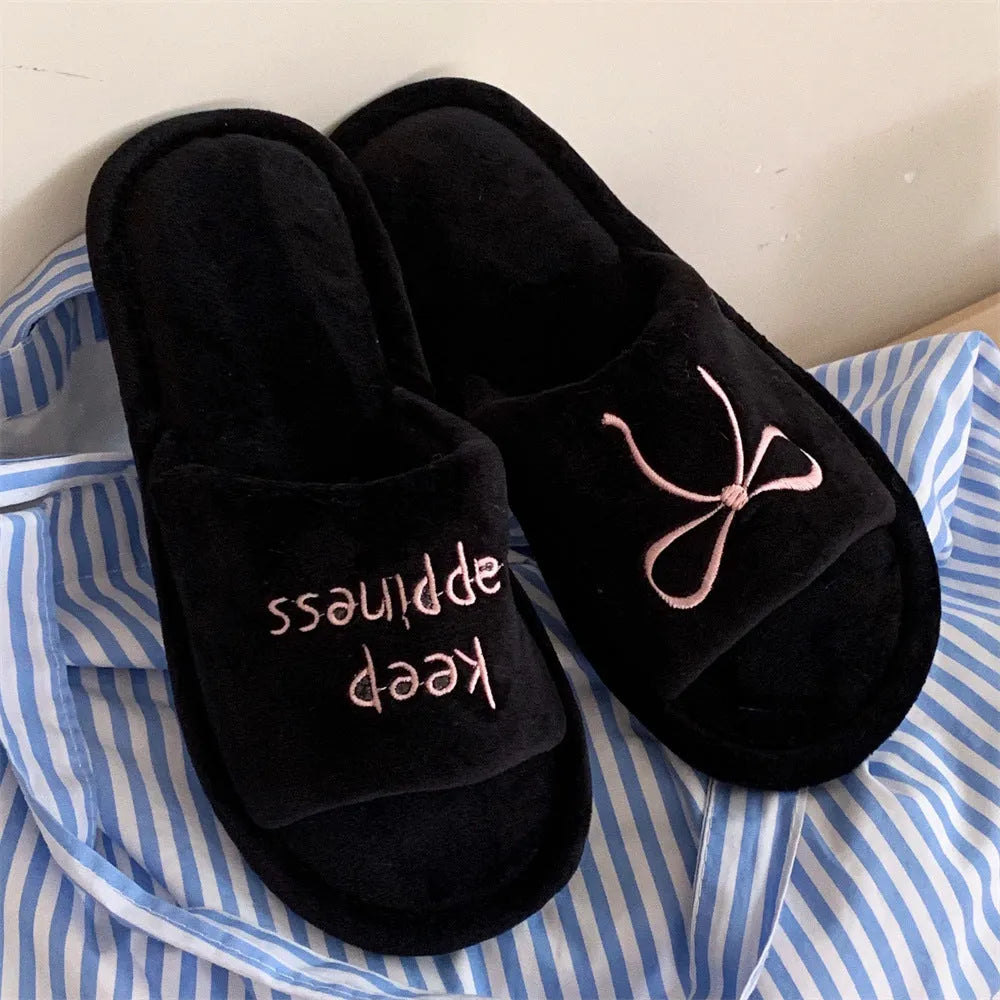 Ladies cotton slippers with bow and English letter pattern in beige yellow colour flat bottom