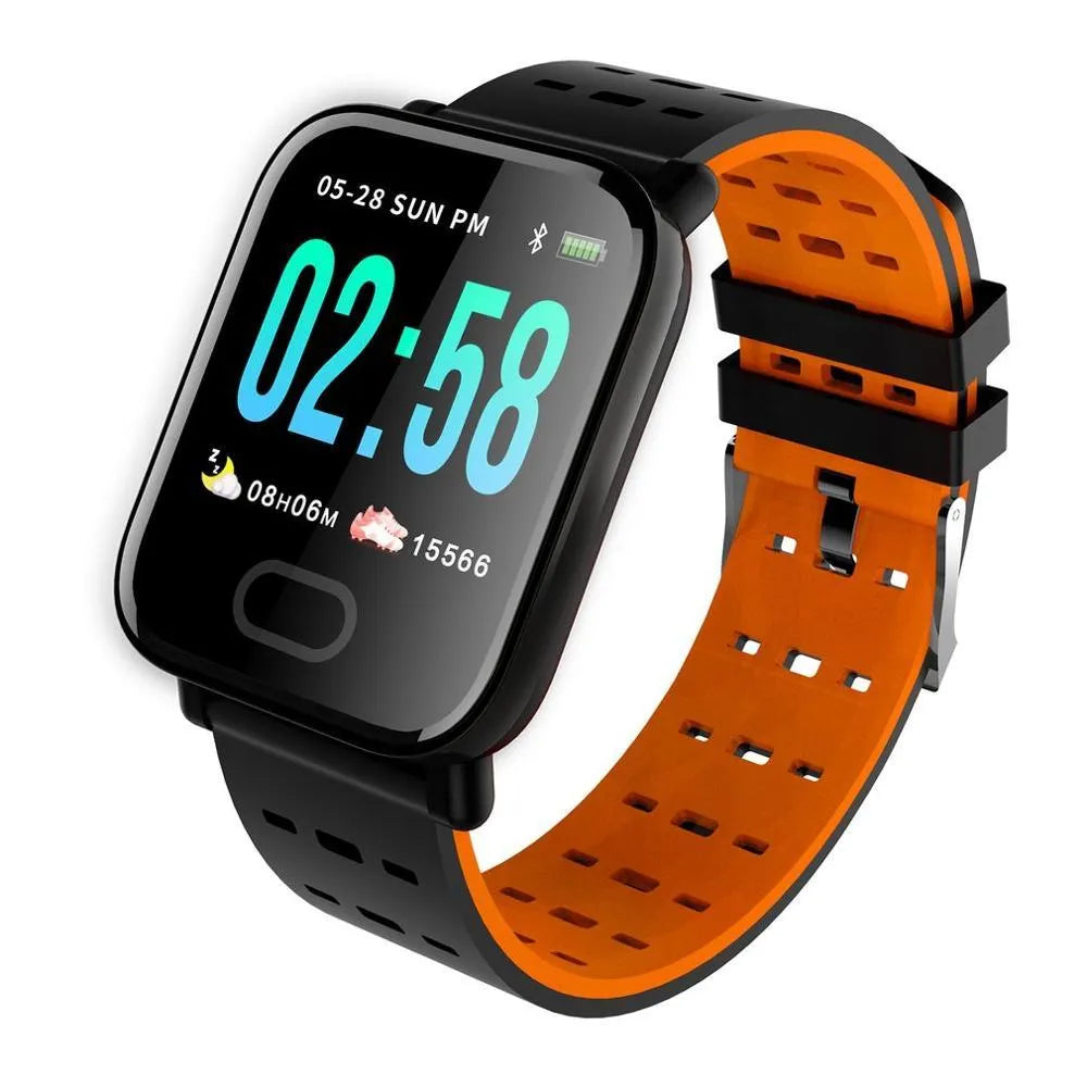 A6 smart bracelet with colour screen and blue silicone strap on a wrist