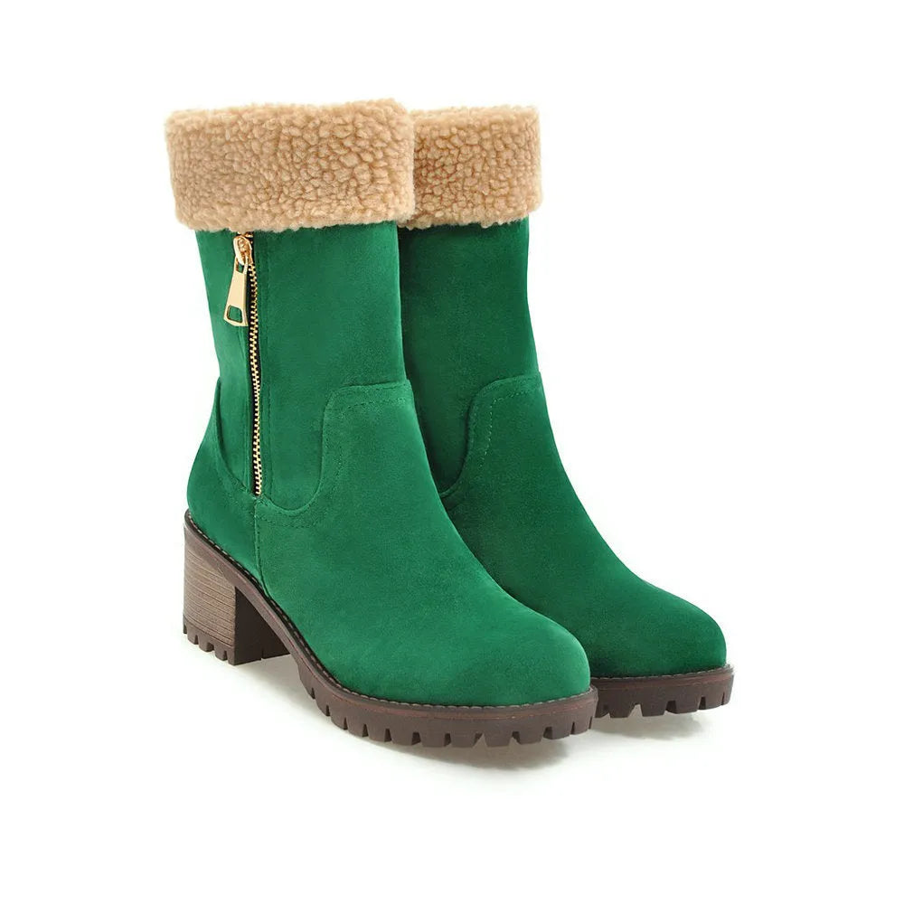 Waterproof snow boots with rubber soles and plush lining in black, grey, green, and orange colours