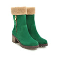 Waterproof snow boots with rubber soles and plush lining in black, grey, green, and orange colours