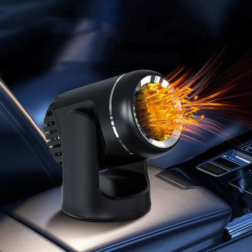 Black and white 12V car heater with dual hot cold settings for vehicle defrosting and warming