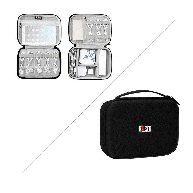Black and grey EVA digital storage bag for earphones and cables, showing double-layer and single-layer style options.