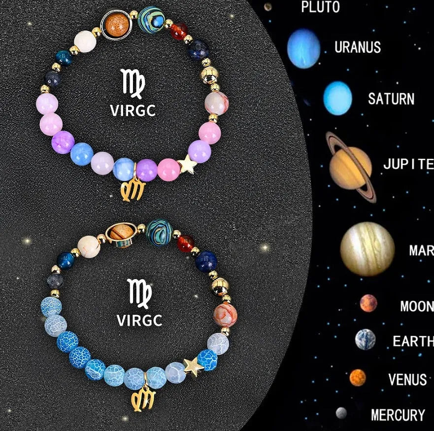 Two adjustable natural stone beaded bracelets with metal zodiac sign charms on a wooden surface.