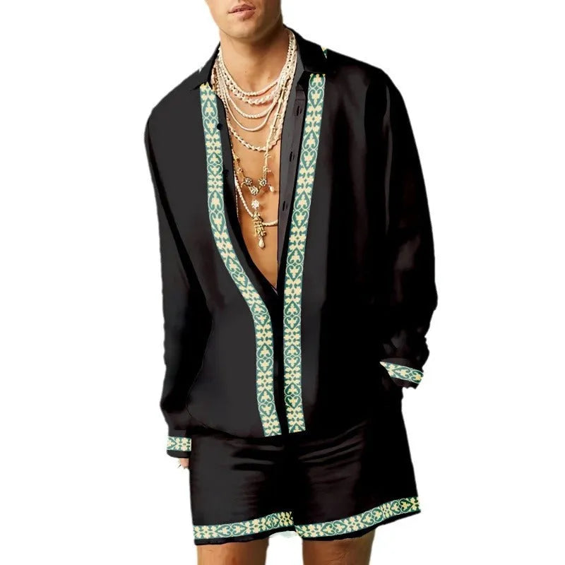 Men's blue polyester summer casual suit set featuring a long-sleeve shirt and matching shorts on a hanger.