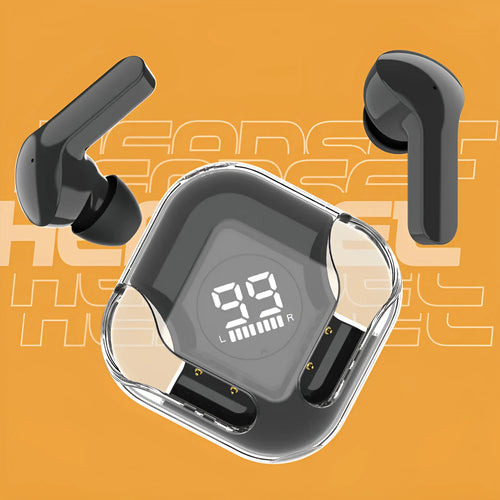 Transparent Bluetooth TWS wireless earphones showing in-ear design with noise reduction in colour options