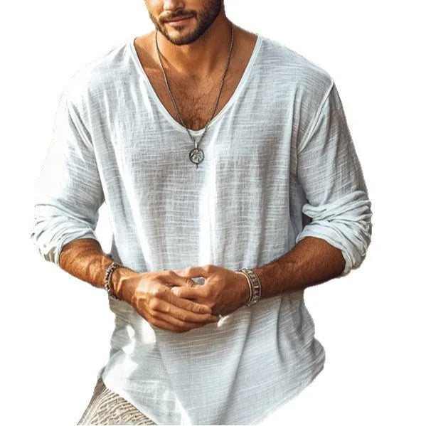Beige slim fit long sleeve v-neck t-shirt laid flat, showing solid colour and fabric texture.
