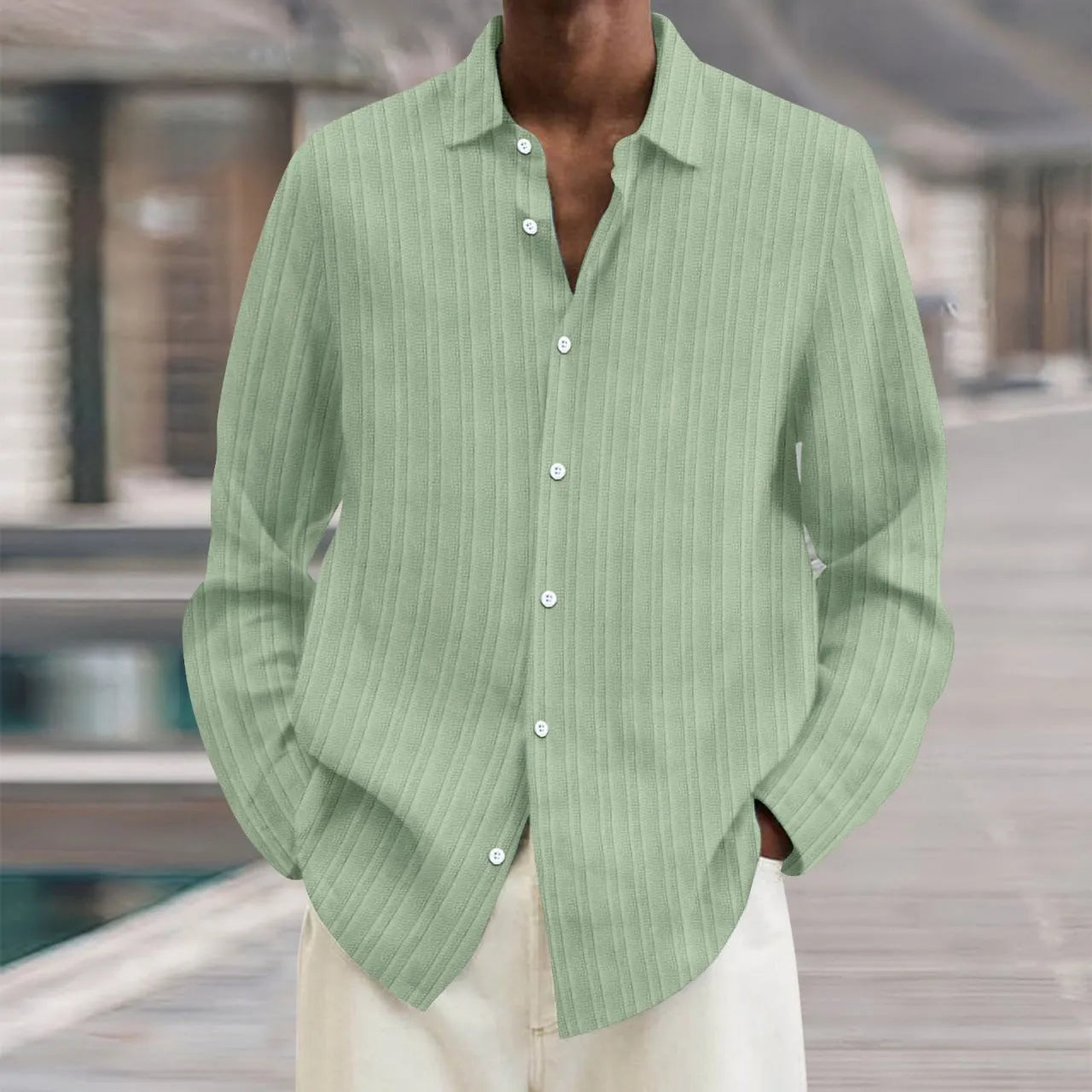 Men's striped long sleeve cardigan shirt in British style loose fit on hanger