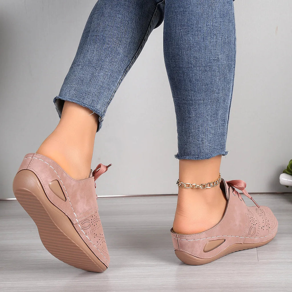 Women's lace-up wedge slippers with hollow-out suede upper and rubber sole
