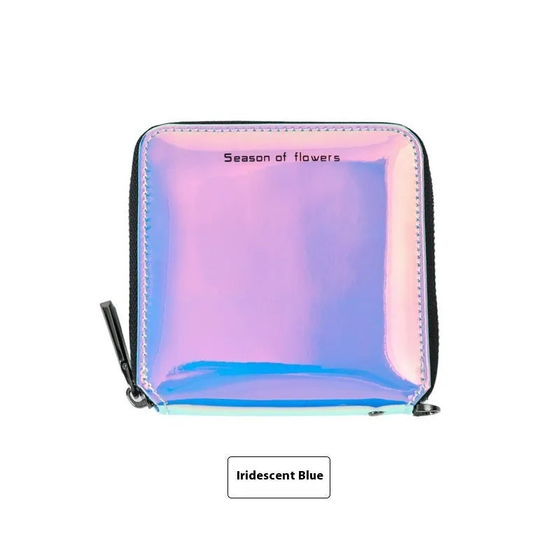 Women's short folding Korean style wallet in PU leather with 11cm square dimensions and 2.5cm thickness