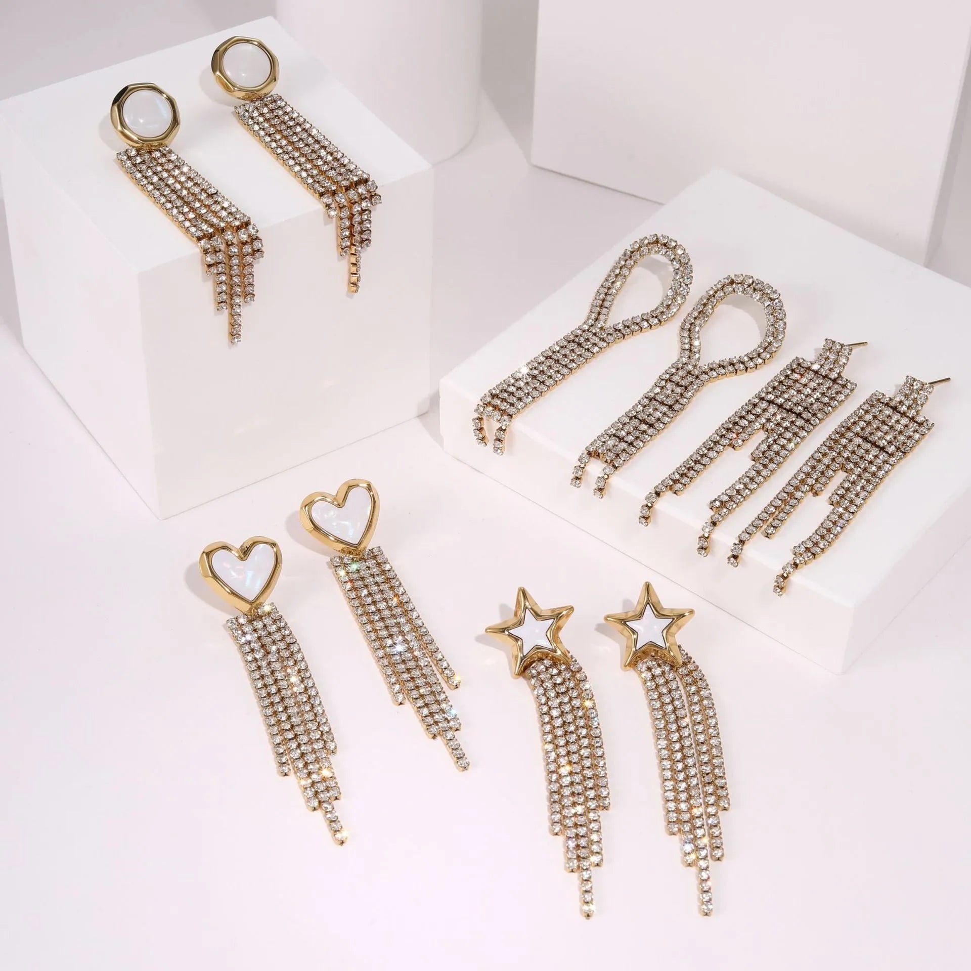 Stainless steel heart and star earrings with diamond tassel design and 18K gold electroplating