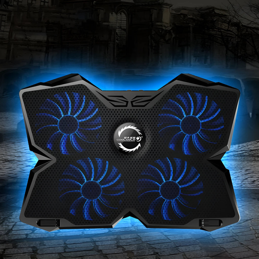 Blue PC cooling base with four LED fans, two USB ports and speed control switches for desktop computer ventilation