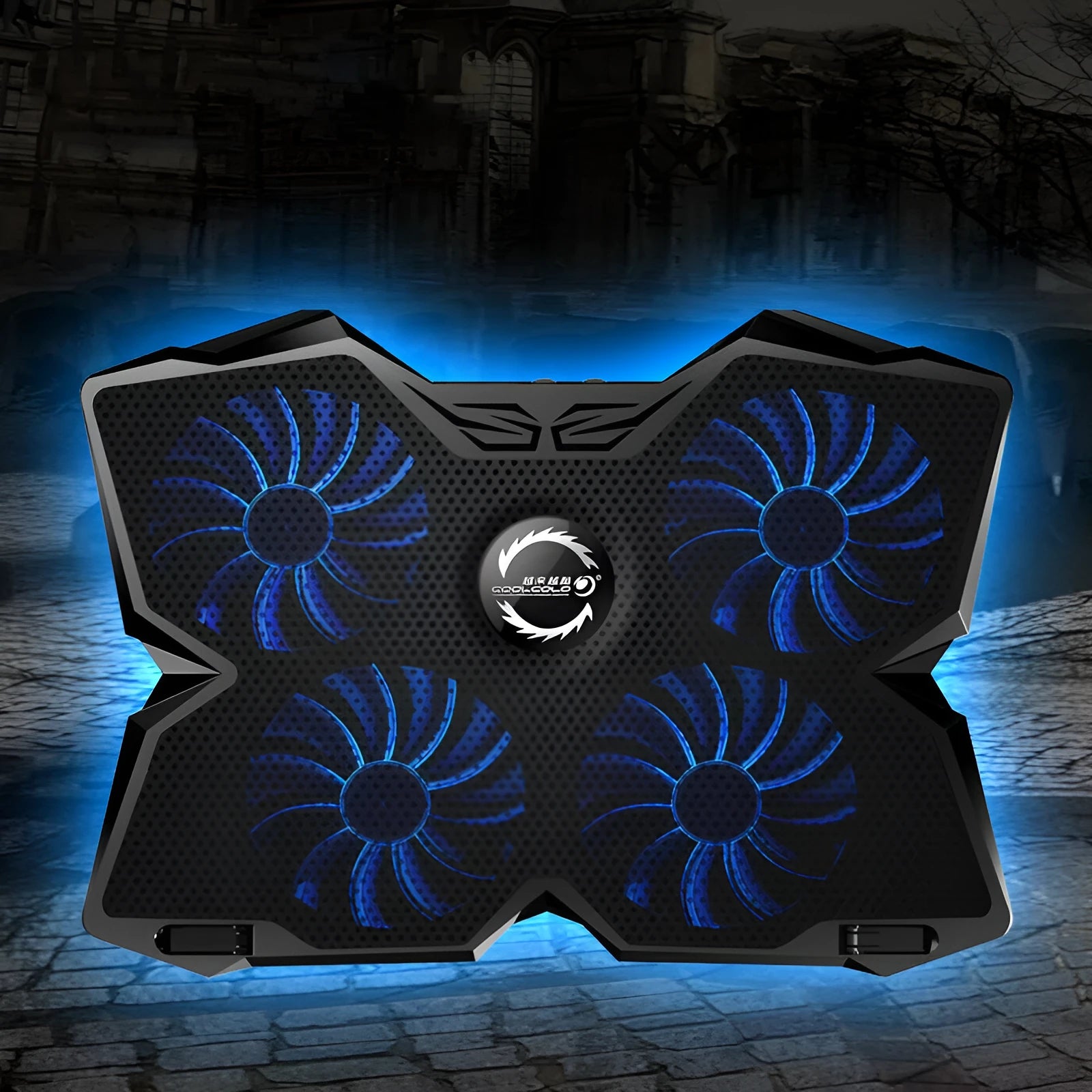Blue PC cooling base with four LED fans, two USB ports and speed control switches for desktop computer ventilation