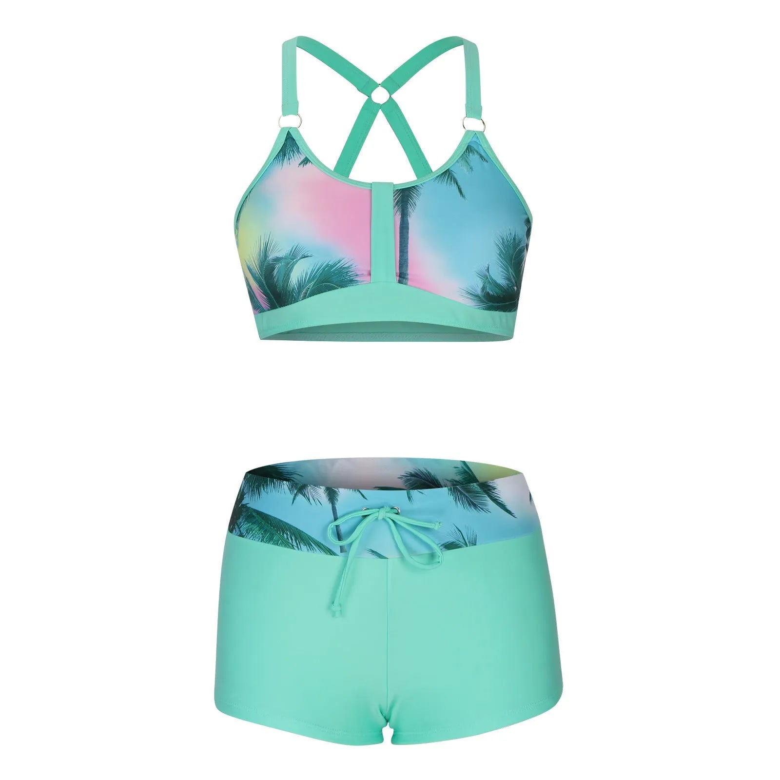 Women's floral printed bikini swimsuit with bra and shorts in polyester fabric