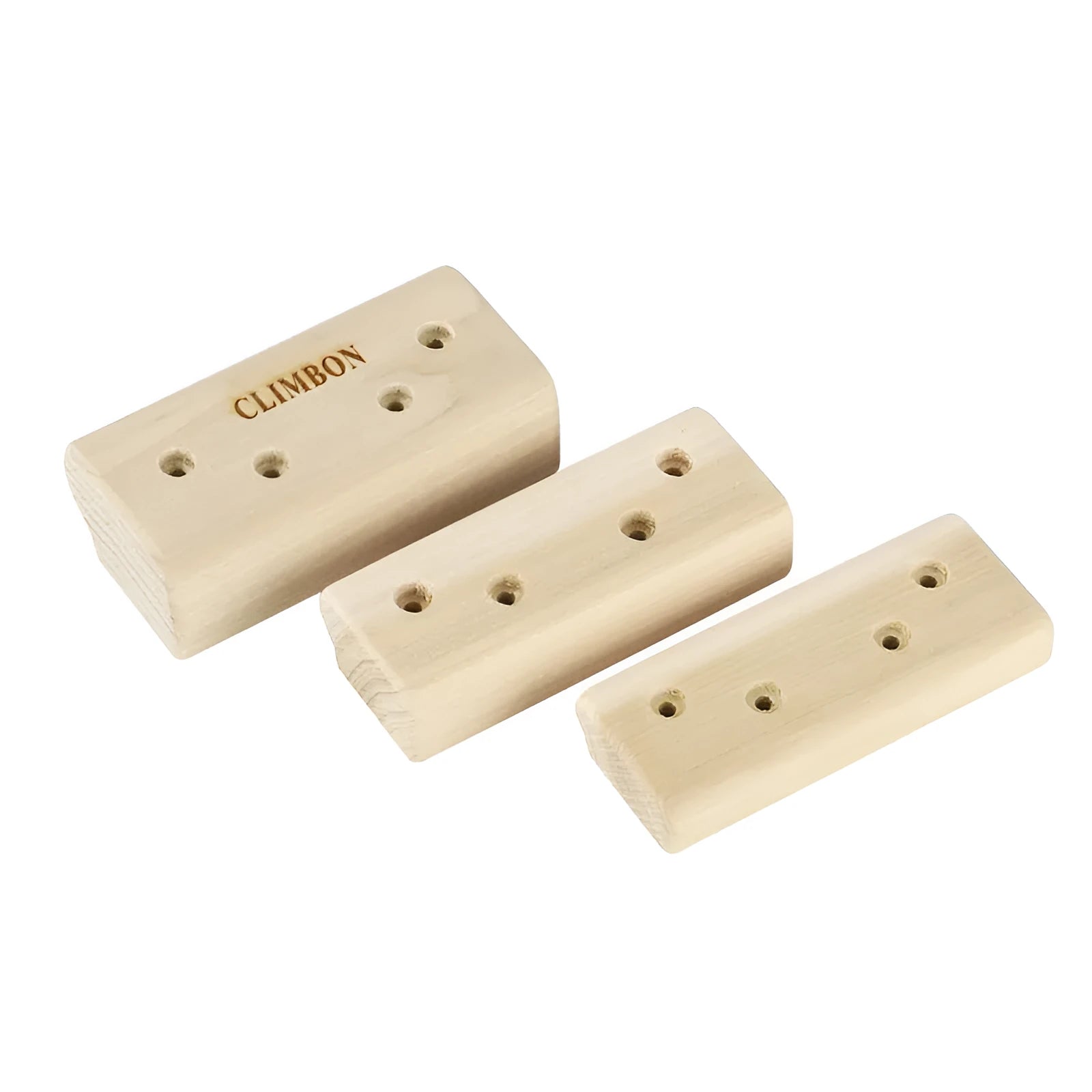 Set of three solid wooden grip training finger boards in 12cm, 40cm, and 50cm lengths.
