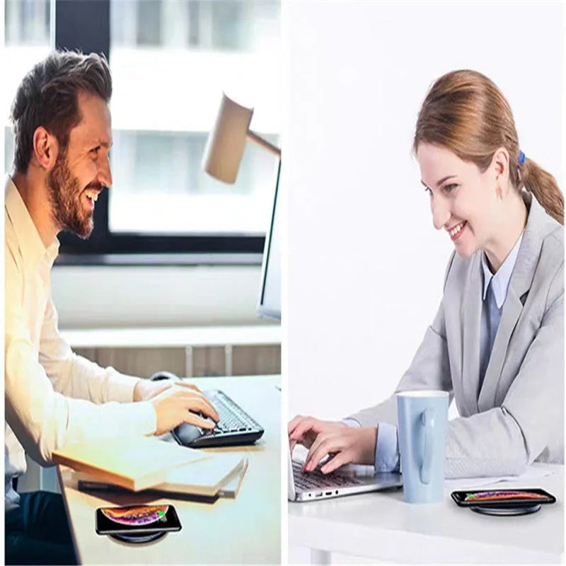 Black or white aluminium alloy 15W fast wireless charging pad on a desk