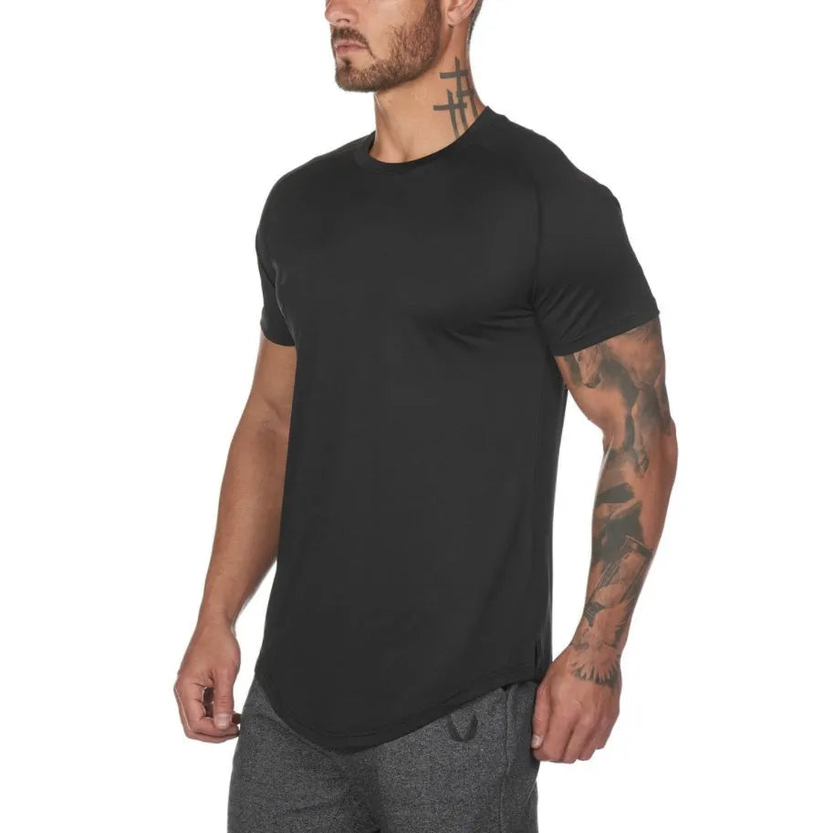 Men's plain cotton-spandex gym t-shirt shown in army green, black, and white, some with optional letter print.
