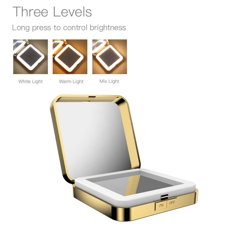 Black and white makeup mirror with adjustable lighting and 4x magnification