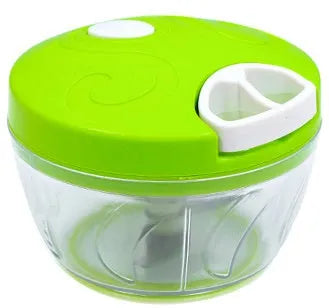 Green manual kitchen chopper with three stainless steel blades and a 500ml ABS container.