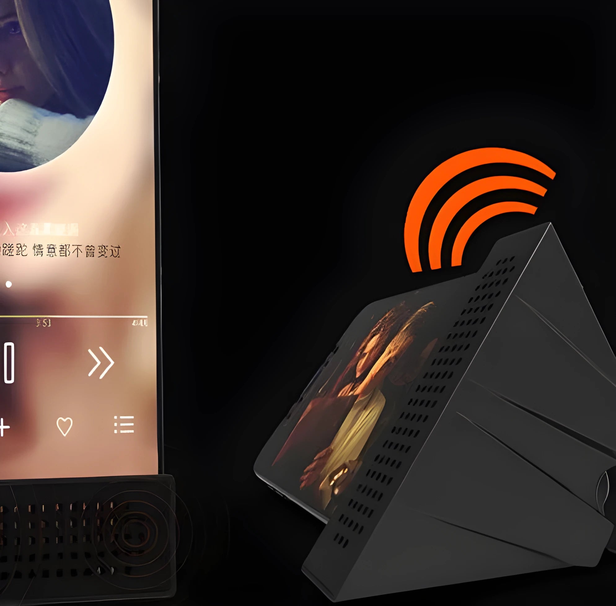 A small, coloured ABS plastic phone amplifier holder on a desktop, holding a mobile phone horizontally.