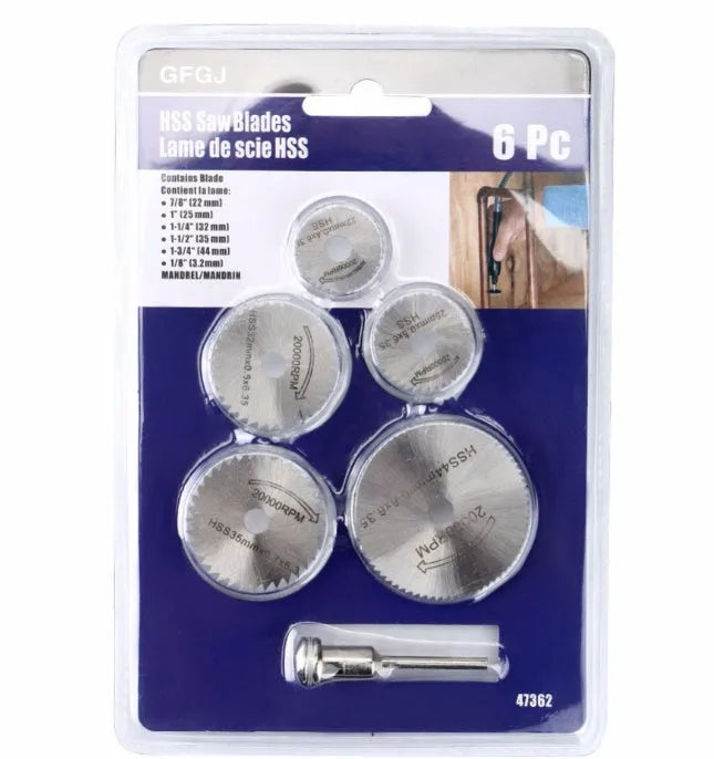Six circular saw blades with mandrel for woodworking cutting applications