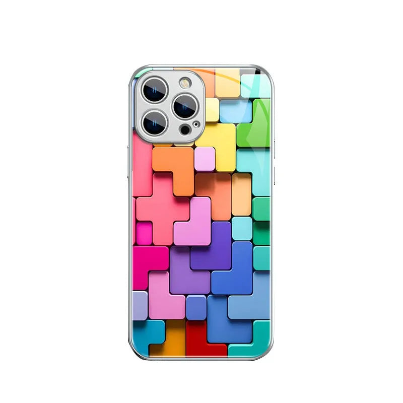 Colourful building block geometry pattern on a black silicone back cover case for an iPhone.