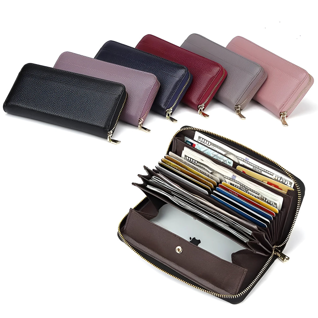 Genuine leather women's wallet showing interior organisation and anti-theft card protection features
