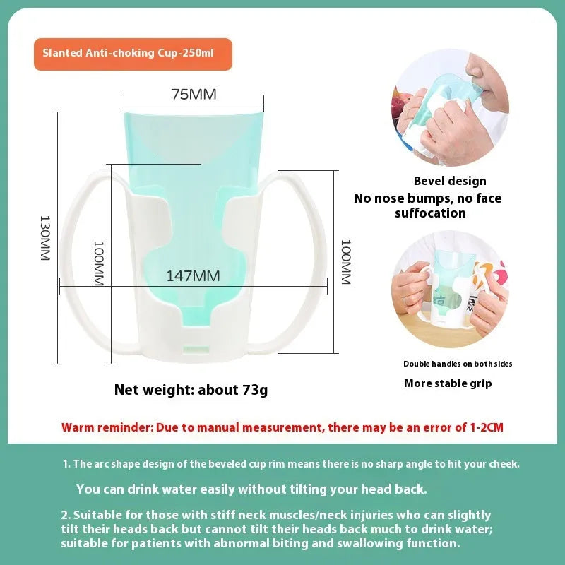 Oblique mouth bedside drinking cup with handle and optional wrist splint for elderly and pregnant users