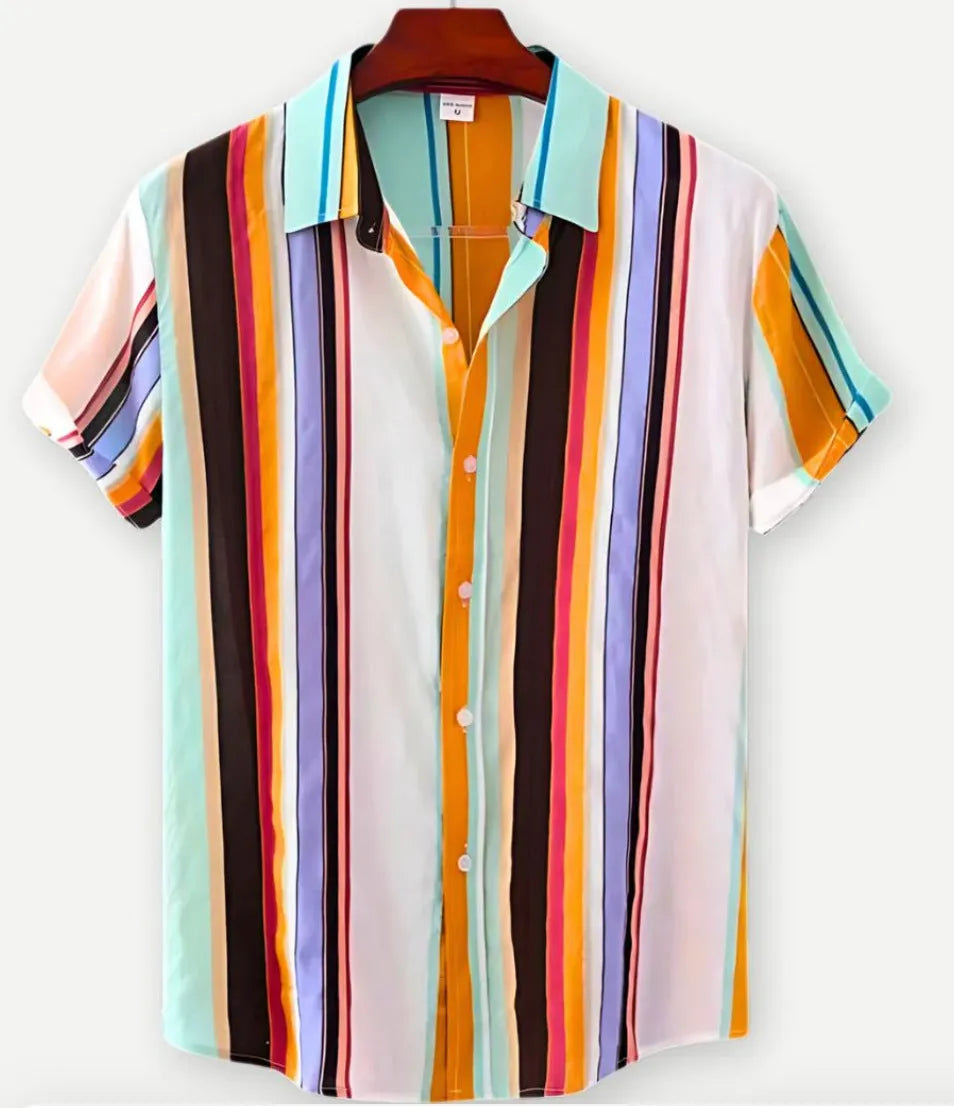 Man wearing a short sleeve Hawaiian floral print shirt with a lapel neckline, showcasing the digital print pattern.