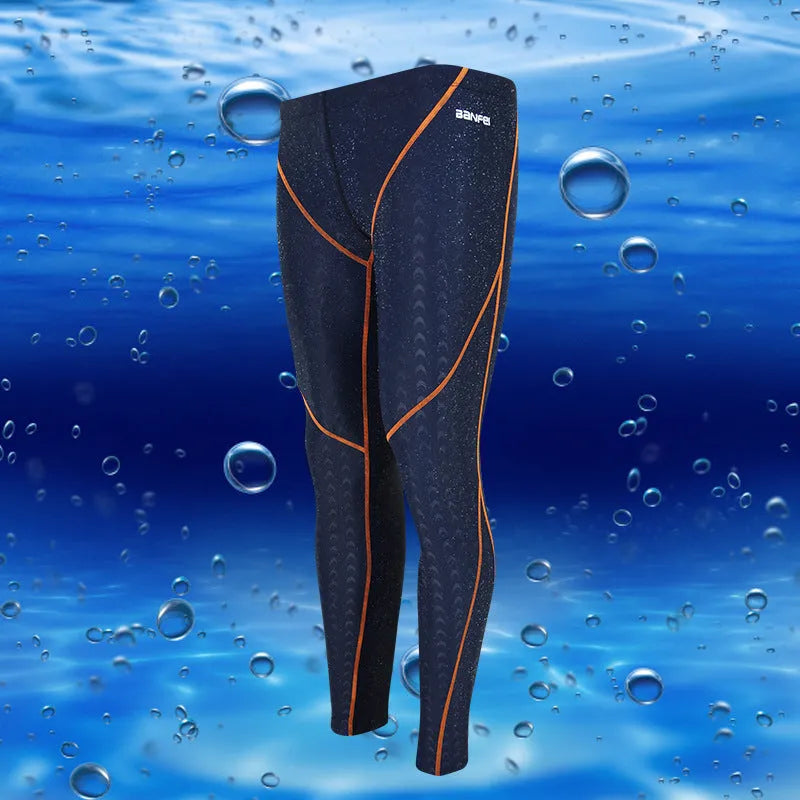 Men's nylon cropped swimming trunks in black with contrast line pattern for athletic swimming and fitness
