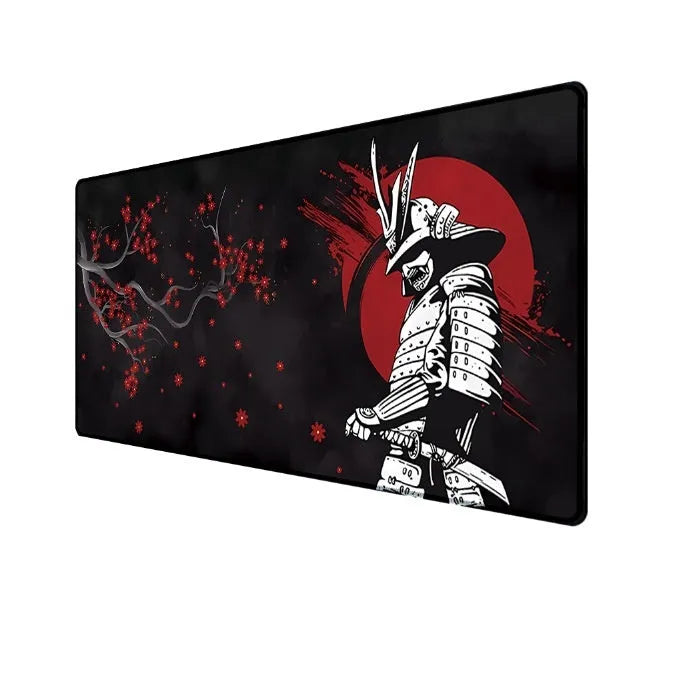 Japanese Samurai design gaming mouse pad on a desk, showing non-slip cloth base and thermal transfer print.