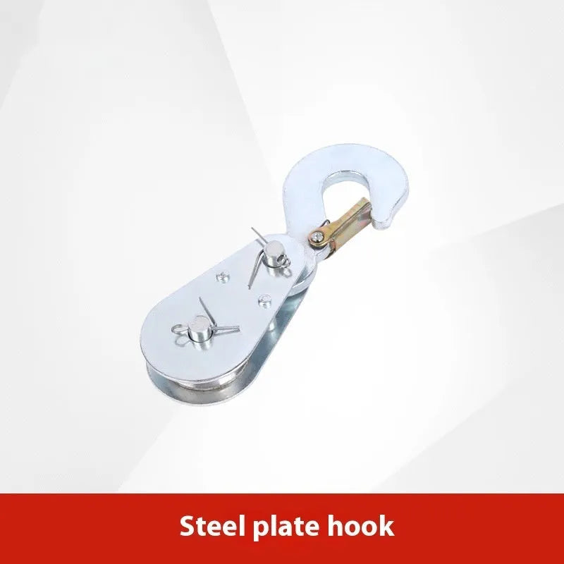 Red forged steel lifting pulley with a ring hook and safety latch for industrial general lifting applications.