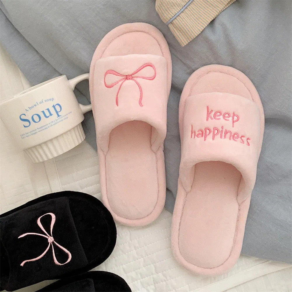 Ladies cotton slippers with bow and English letter pattern in beige yellow colour flat bottom