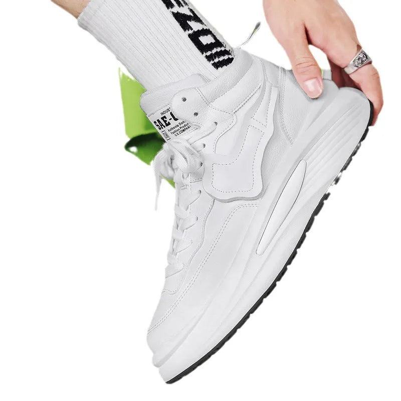 Men's black high-top platform shoes with round toe and PU upper material