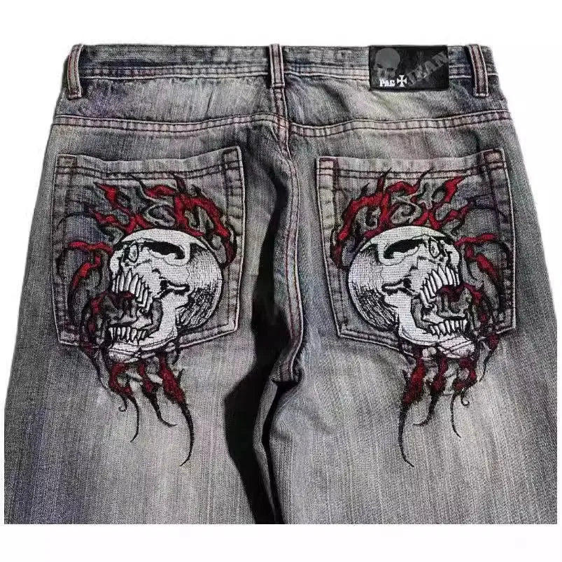 Men's grey washed-out wide-leg jeans with straight-leg opening and retro workwear design