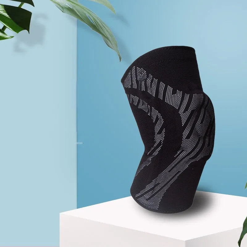 Men's black and blue nylon basketball knee pads shown in S, M, L, XL sizes