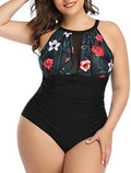 Women's solid colour one-piece swimsuit with lace detail in black, red flower, or stripe patterns.
