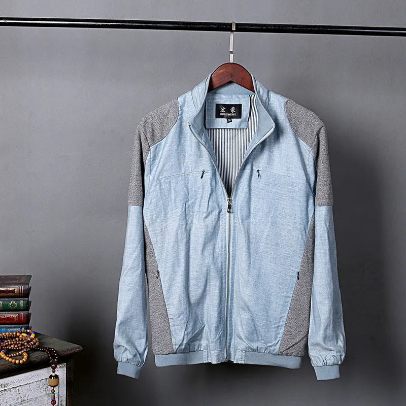 Men's thin linen jacket in lightweight cotton fabric available in blue, grass green, and heather grey colours