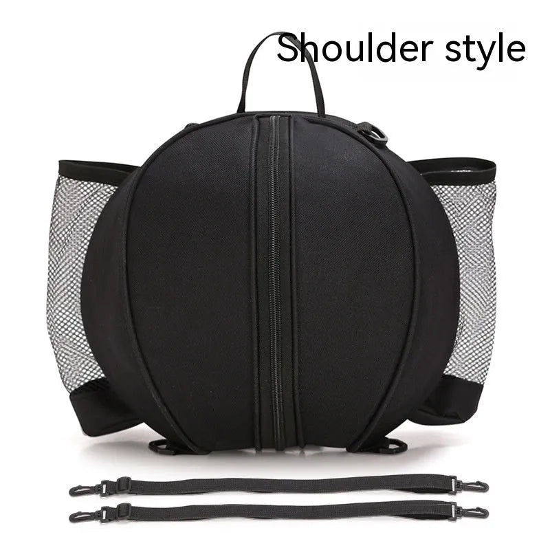 Black Oxford cloth basketball training bag with a single shoulder strap, shown next to a basketball.