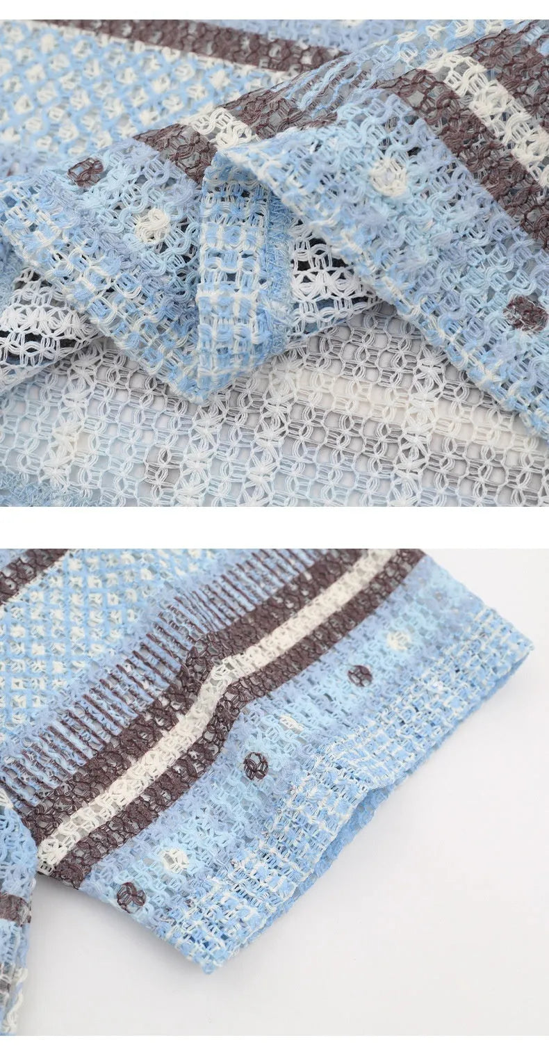 Men's loose-fit casual printed shirt in blue and yellow colours, made from elastic polyester fabric.