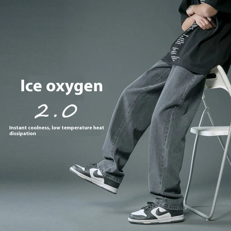Loose straight cotton denim jeans for men in light blue colour with mid waist and button fly