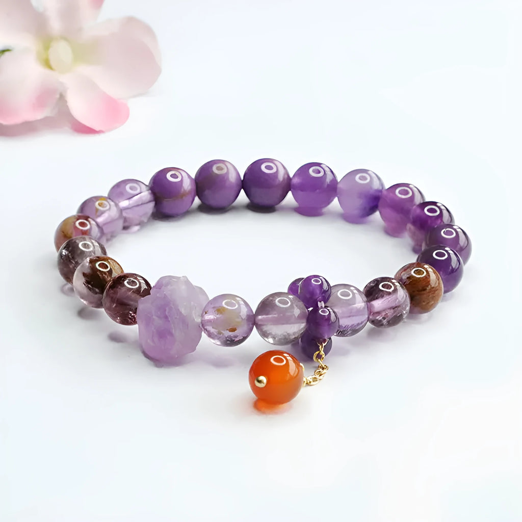Natural nine purple crystal bracelet with amethyst beads and red agate stones in Mori style