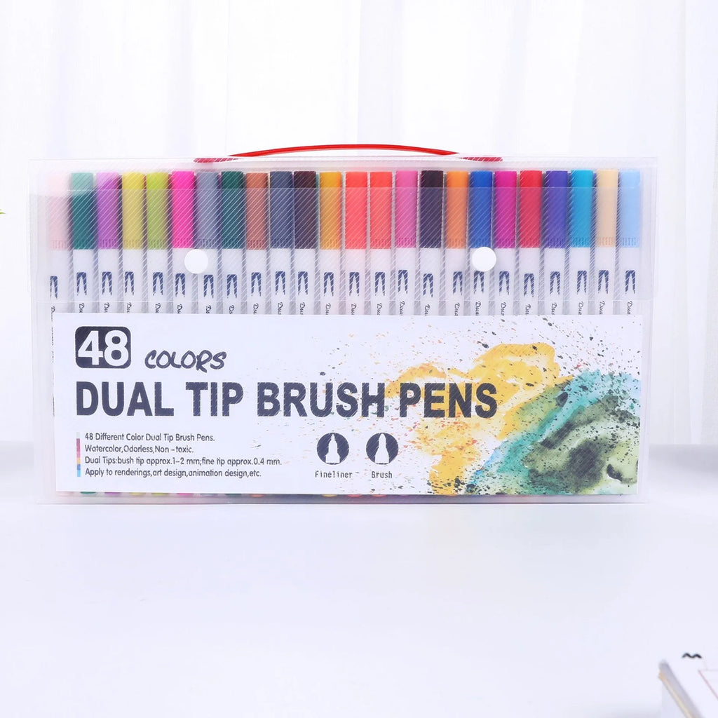 Set of watercolour pens with vibrant coloured barrels for drawing and painting.