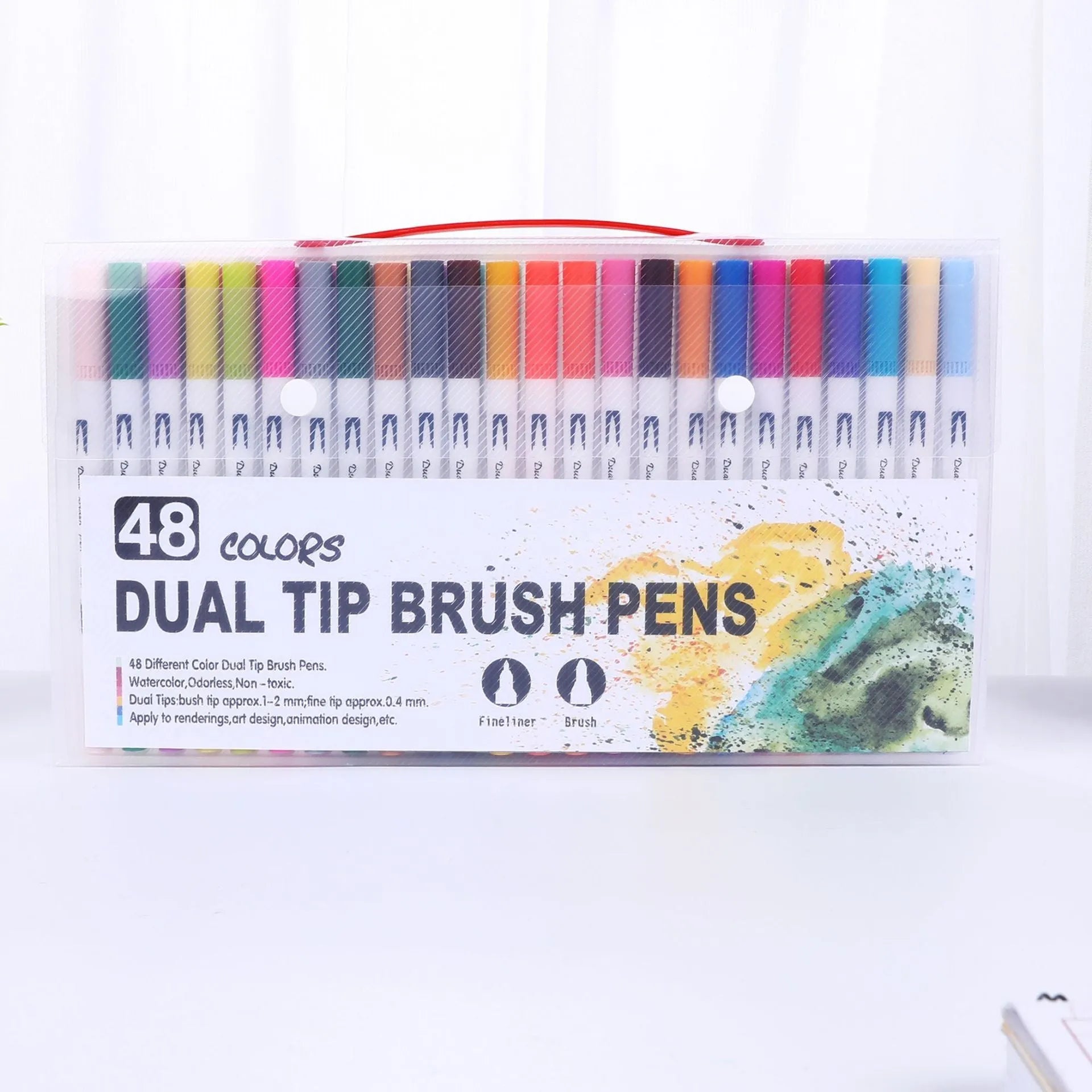 Set of watercolour pens with vibrant coloured barrels for drawing and painting.