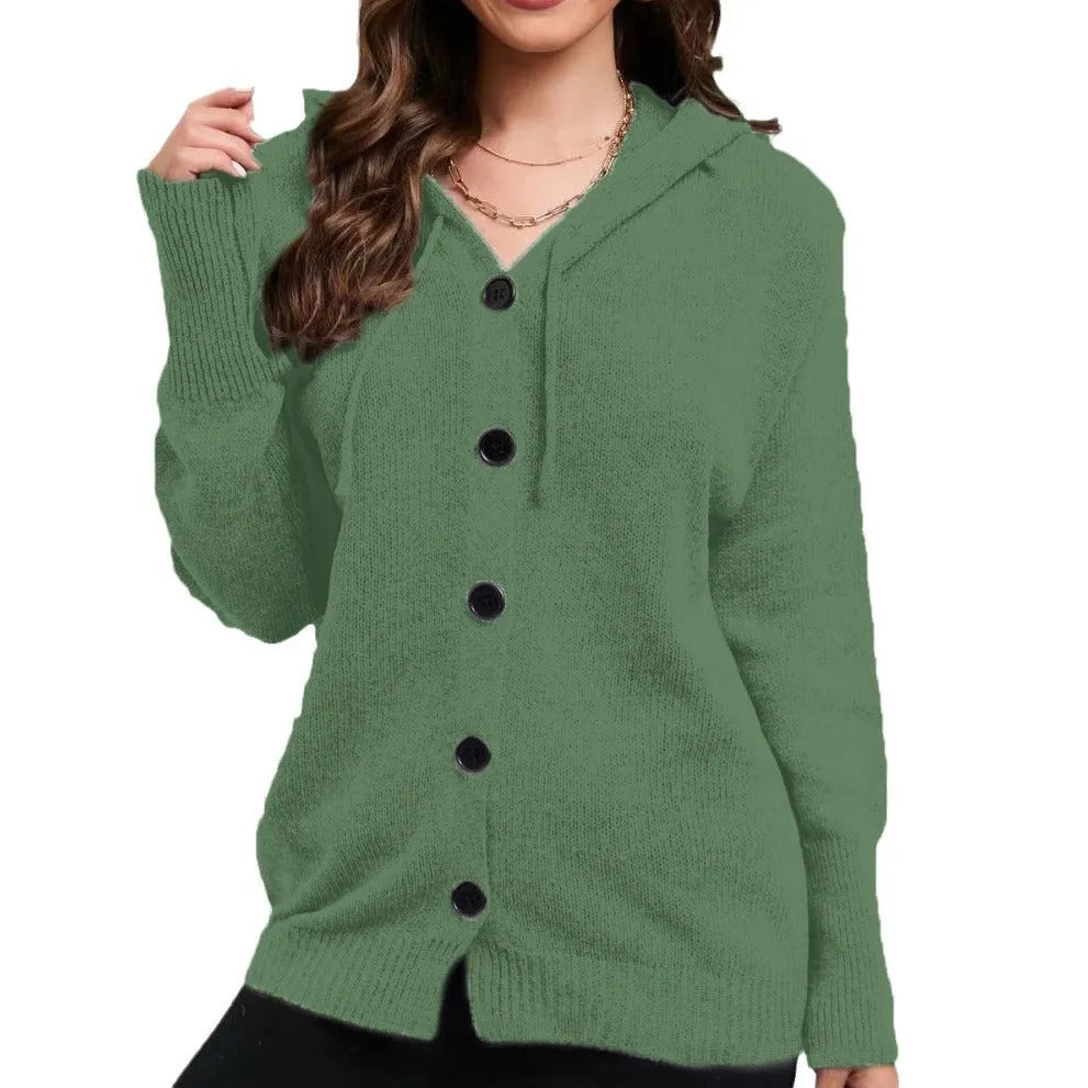 Women's thick cotton hooded cardigan sweater in loose fit, shown in Army Green colour.