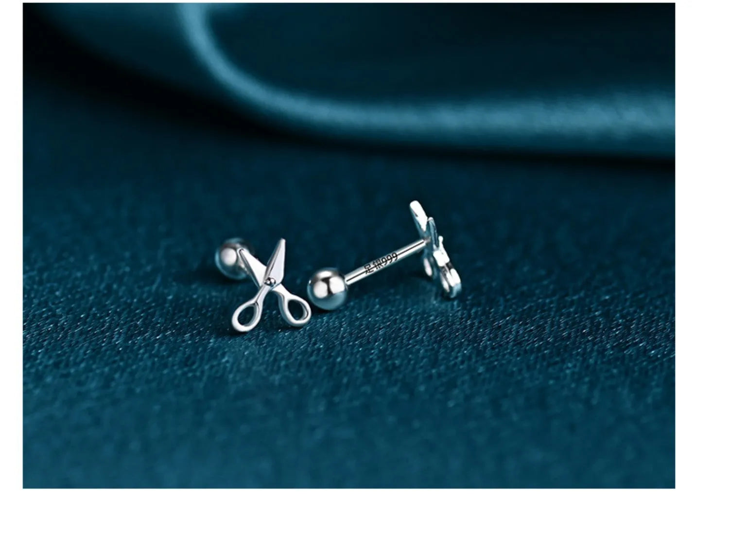 S999 pure silver ear nail piercing with screw fastening and mini scissors decoration