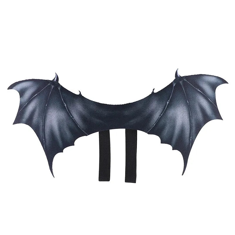 Black cloth bat wing Halloween costume for pets shown in three sizes