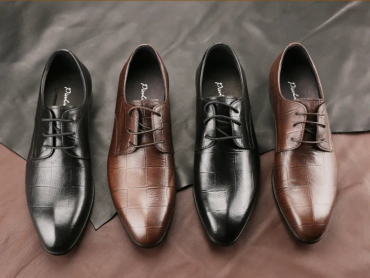Men's black leather derby shoes with checkered pattern and pointed toe on antiskid rubber sole